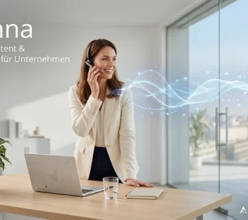 Eine moderne Geschäftsfrau mit Headset in einem hellen Büro, die durch digitale Schallwellen mit einem Cloud-PBX-System verbunden ist – Symbolbild für Arianna KI-Telefonassistent.