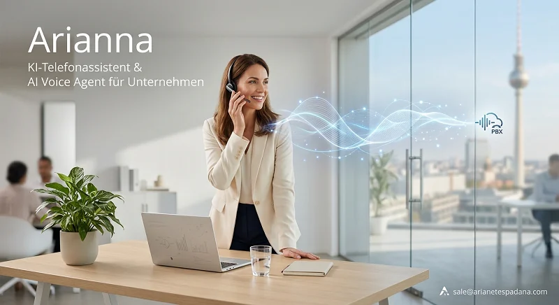 Eine moderne Geschäftsfrau mit Headset in einem hellen Büro, die durch digitale Schallwellen mit einem Cloud-PBX-System verbunden ist – Symbolbild für Arianna KI-Telefonassistent.